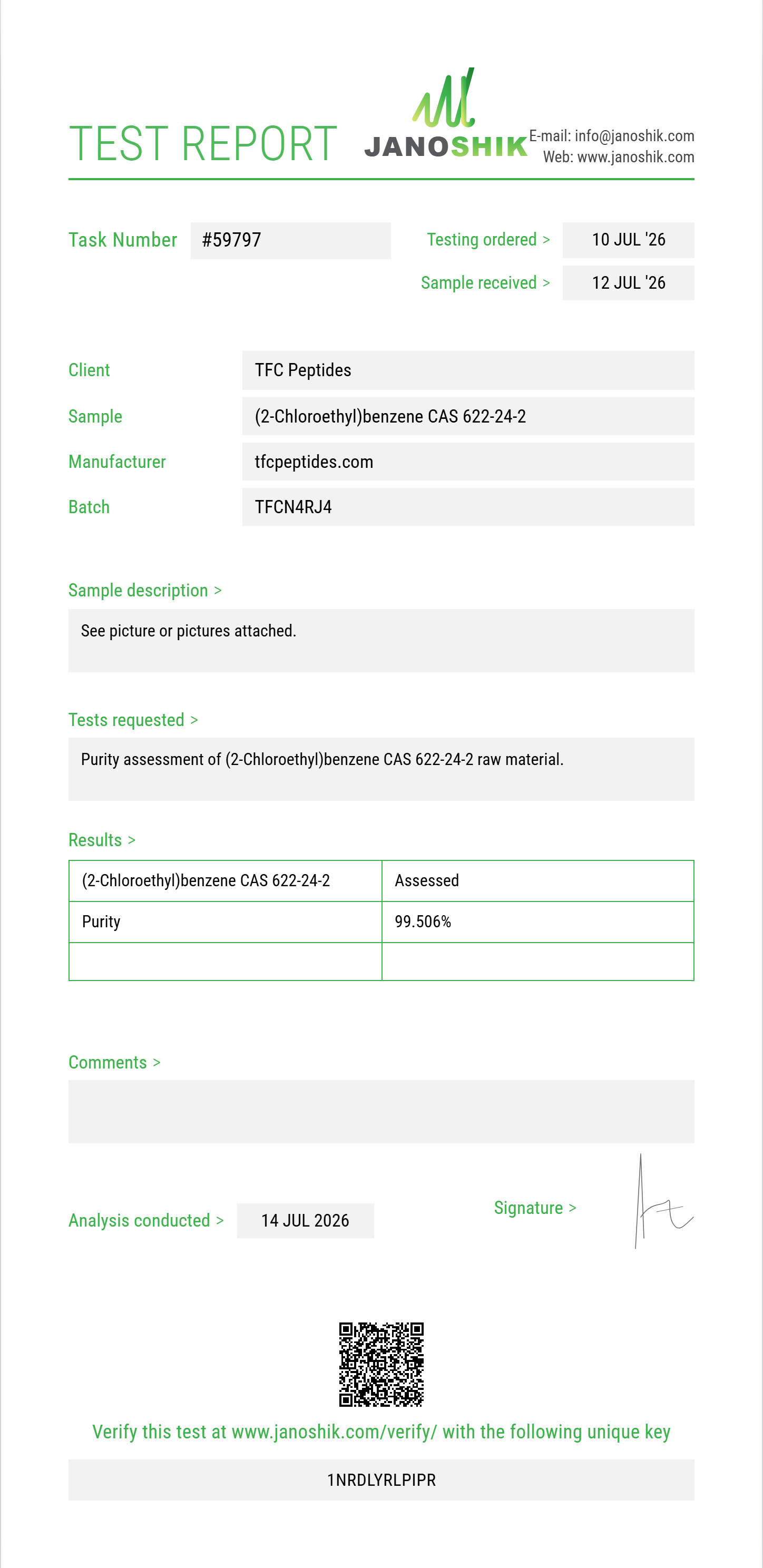 (2-Chloroethyl)benzene CAS 622-24-2 Purity (HPLC) report by Janoshik Analytical