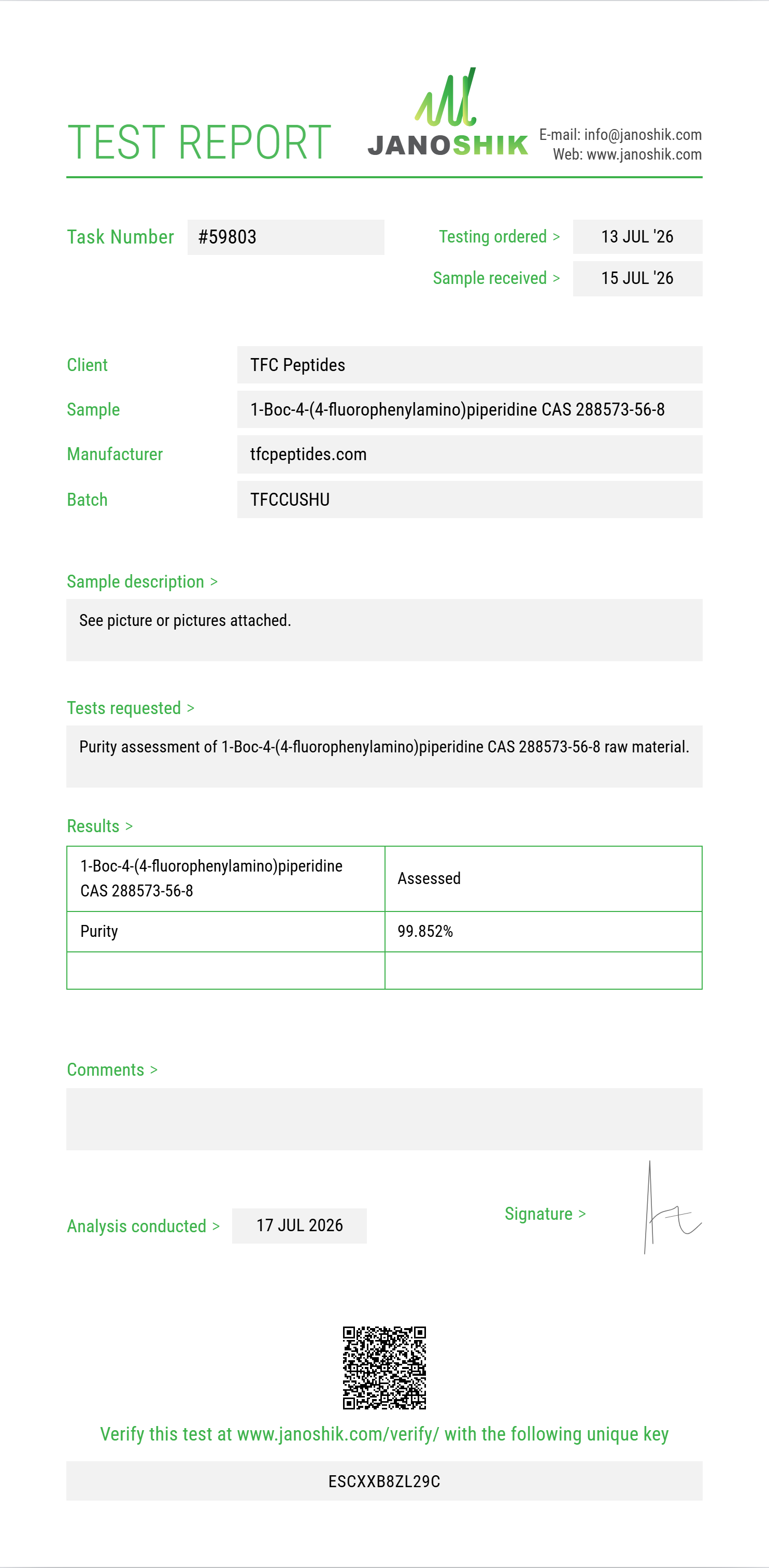 1-Boc-4-(4-fluorophenylamino)piperidine CAS 288573-56-8 Purity (HPLC) report by Janoshik Analytical