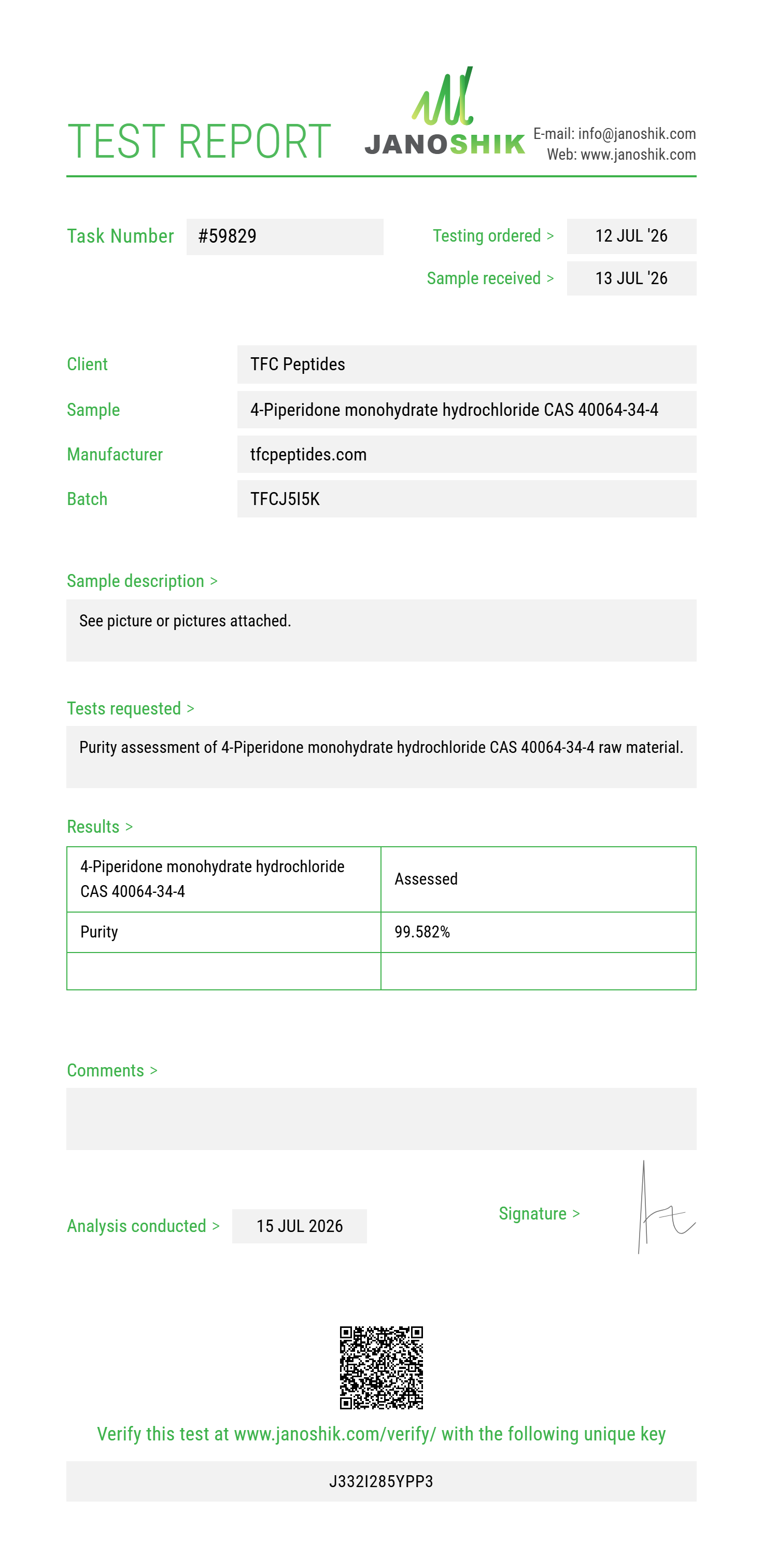 4-Piperidone monohydrate hydrochloride CAS 40064-34-4 Purity (HPLC) report by Janoshik Analytical