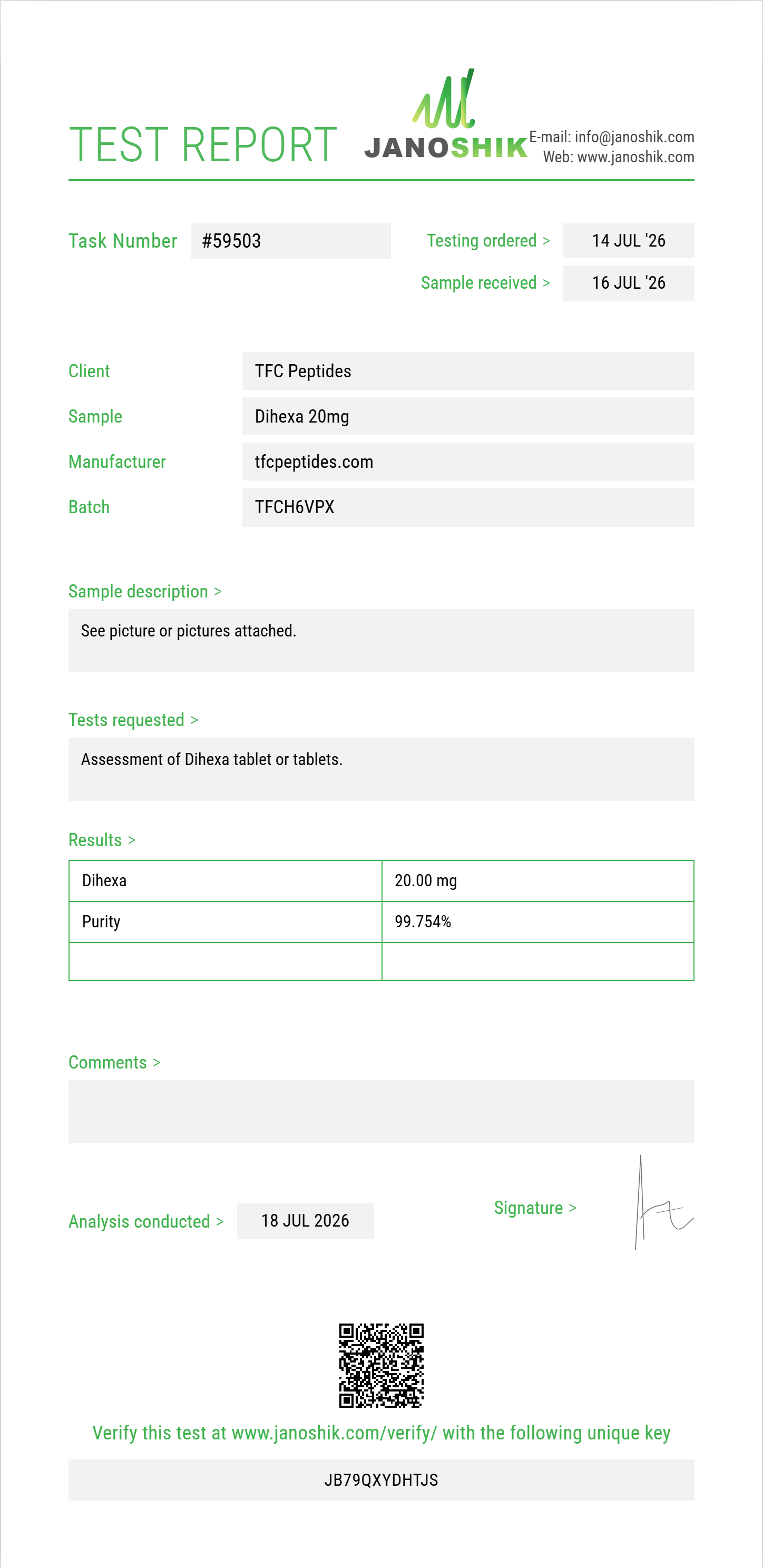 Dihexa Purity (HPLC) report by Janoshik Analytical