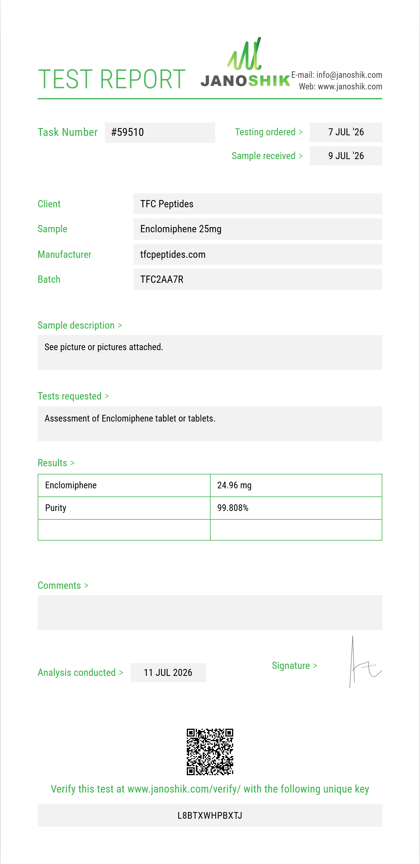 Enclomiphene Purity (HPLC) report by Janoshik Analytical