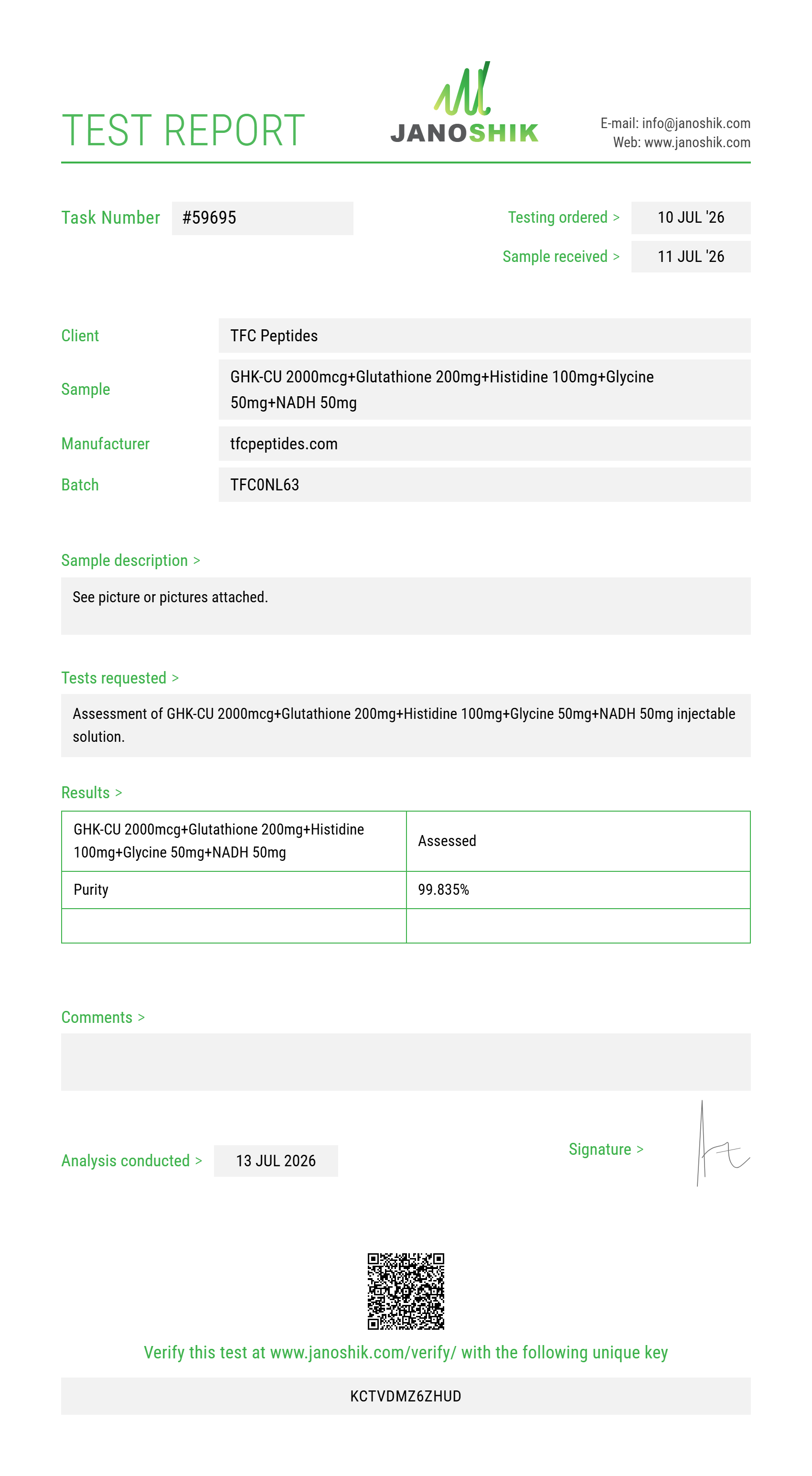 GHK-CU 2000mcg+Glutathione 200mg+Histidine 100mg+Glycine 50mg+NADH 50mg Purity (HPLC) report by Janoshik Analytical