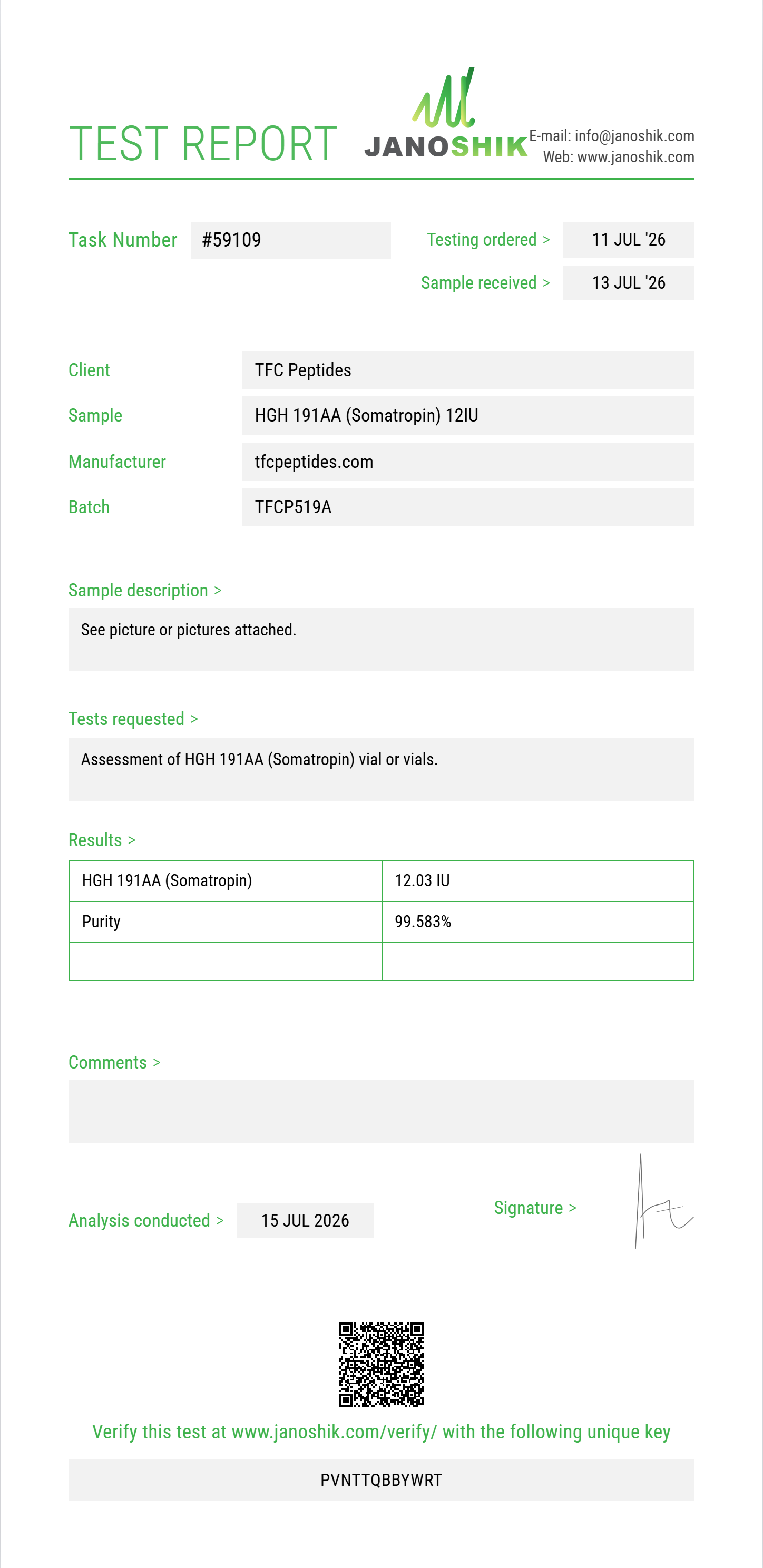 HGH 191AA (Somatropin) Purity (HPLC) report by Janoshik Analytical