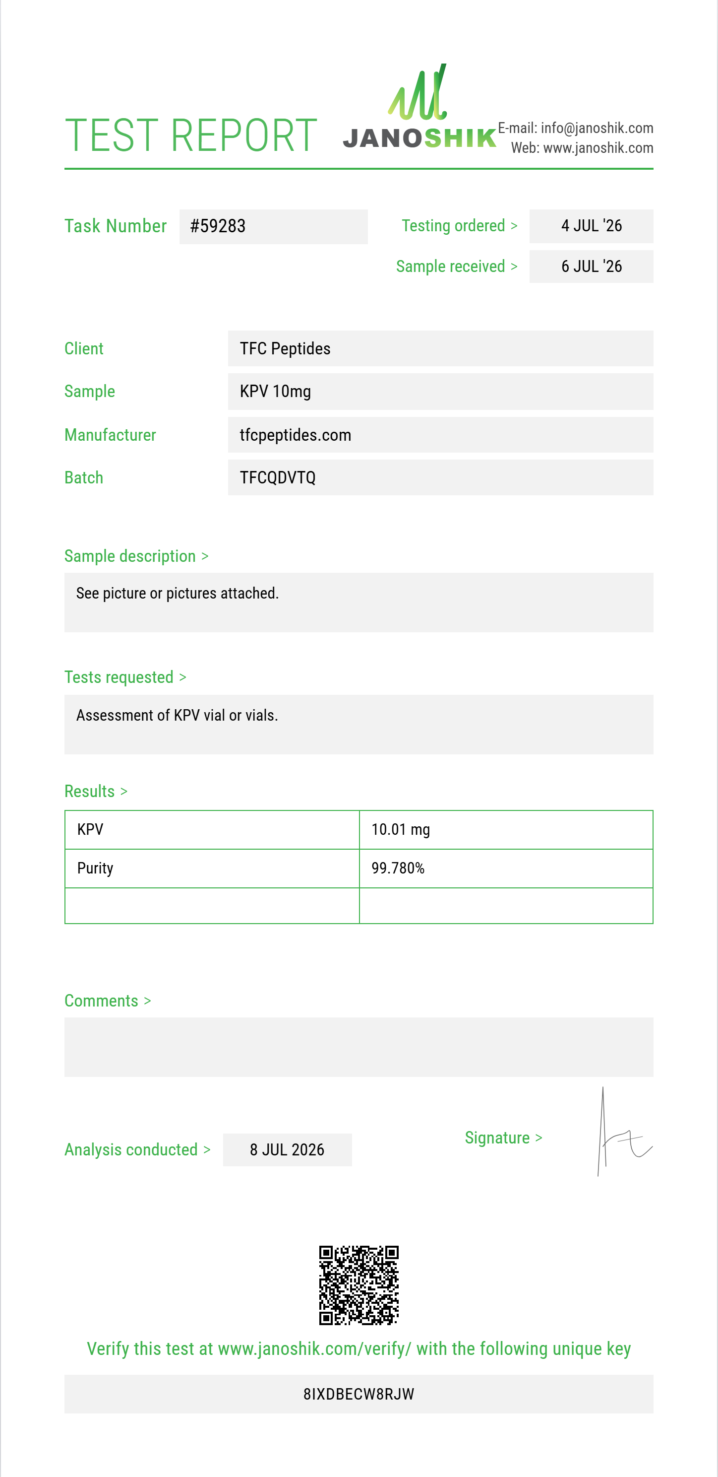KPV Purity (HPLC) report by Janoshik Analytical