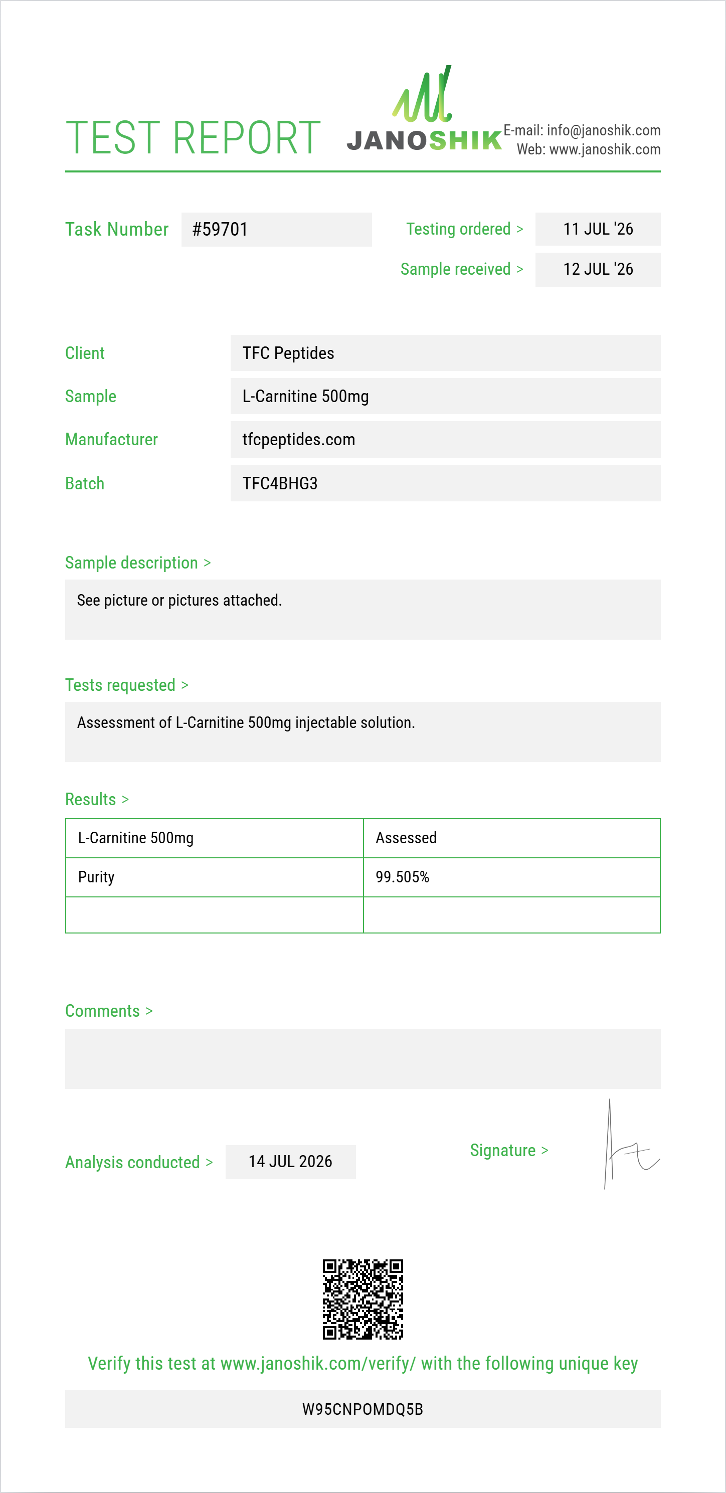L-Carnitine 500mg Purity (HPLC) report by Janoshik Analytical