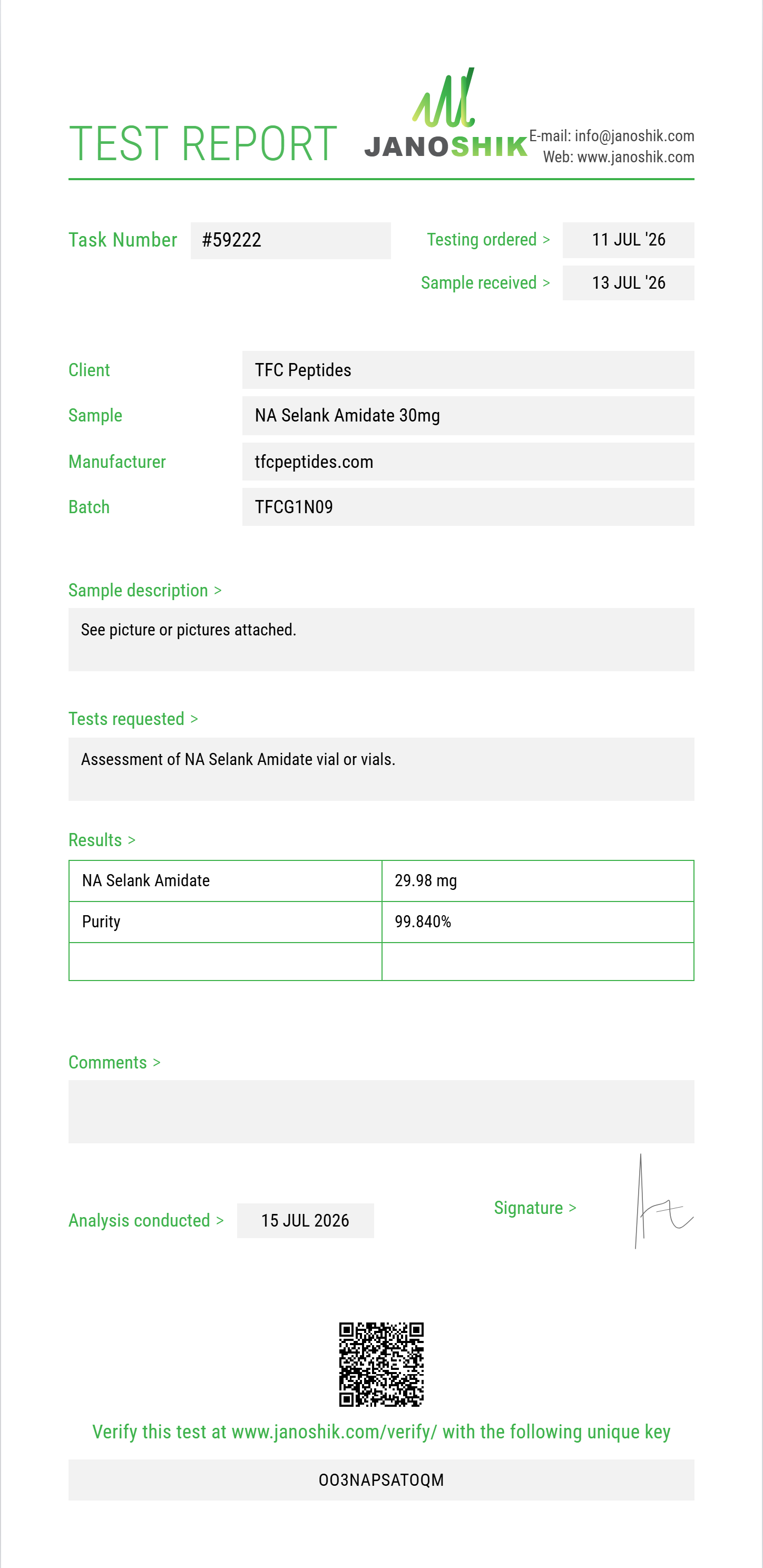 NA Selank Amidate Purity (HPLC) report by Janoshik Analytical