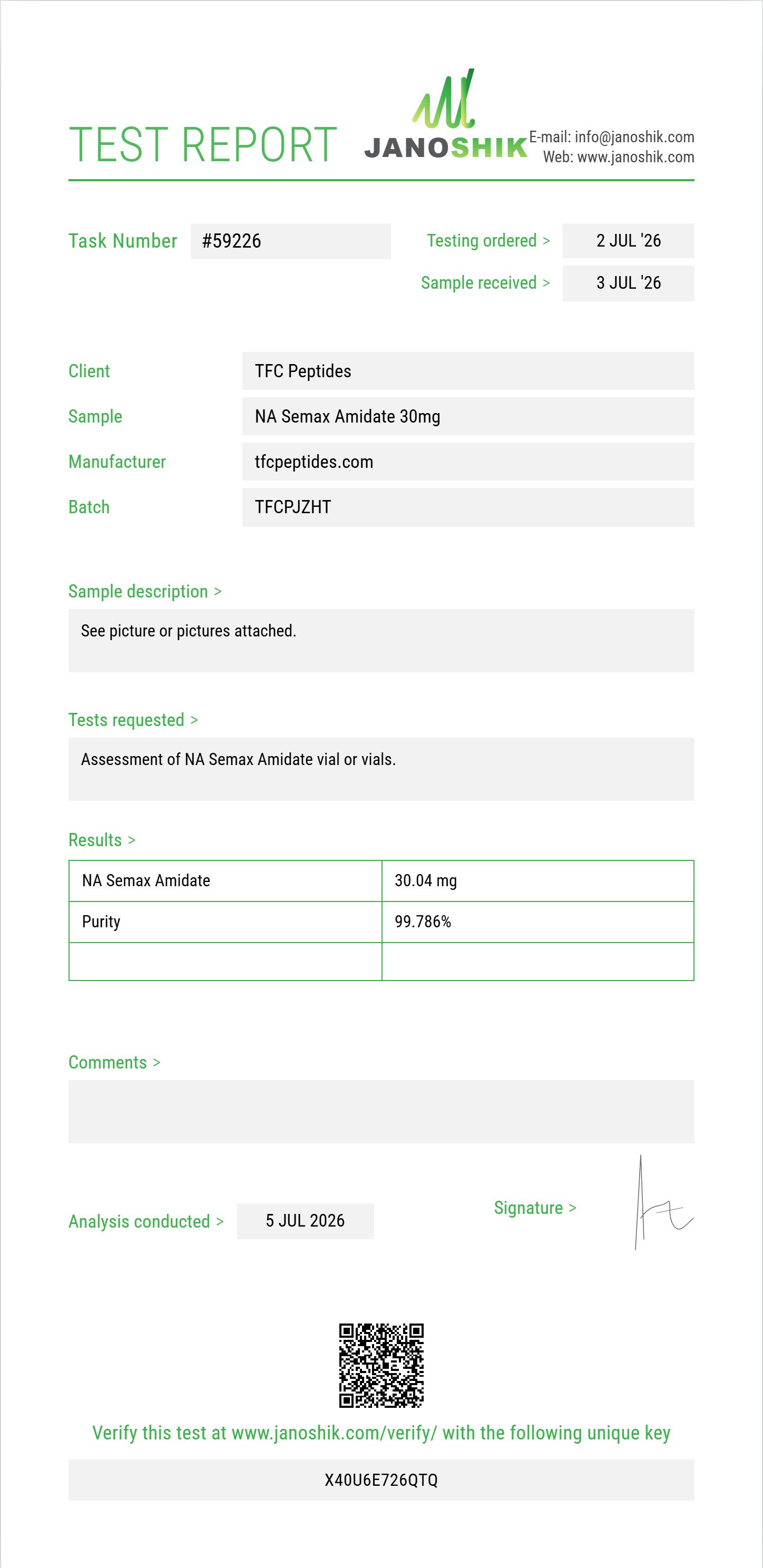 NA Semax Amidate Purity (HPLC) report by Janoshik Analytical