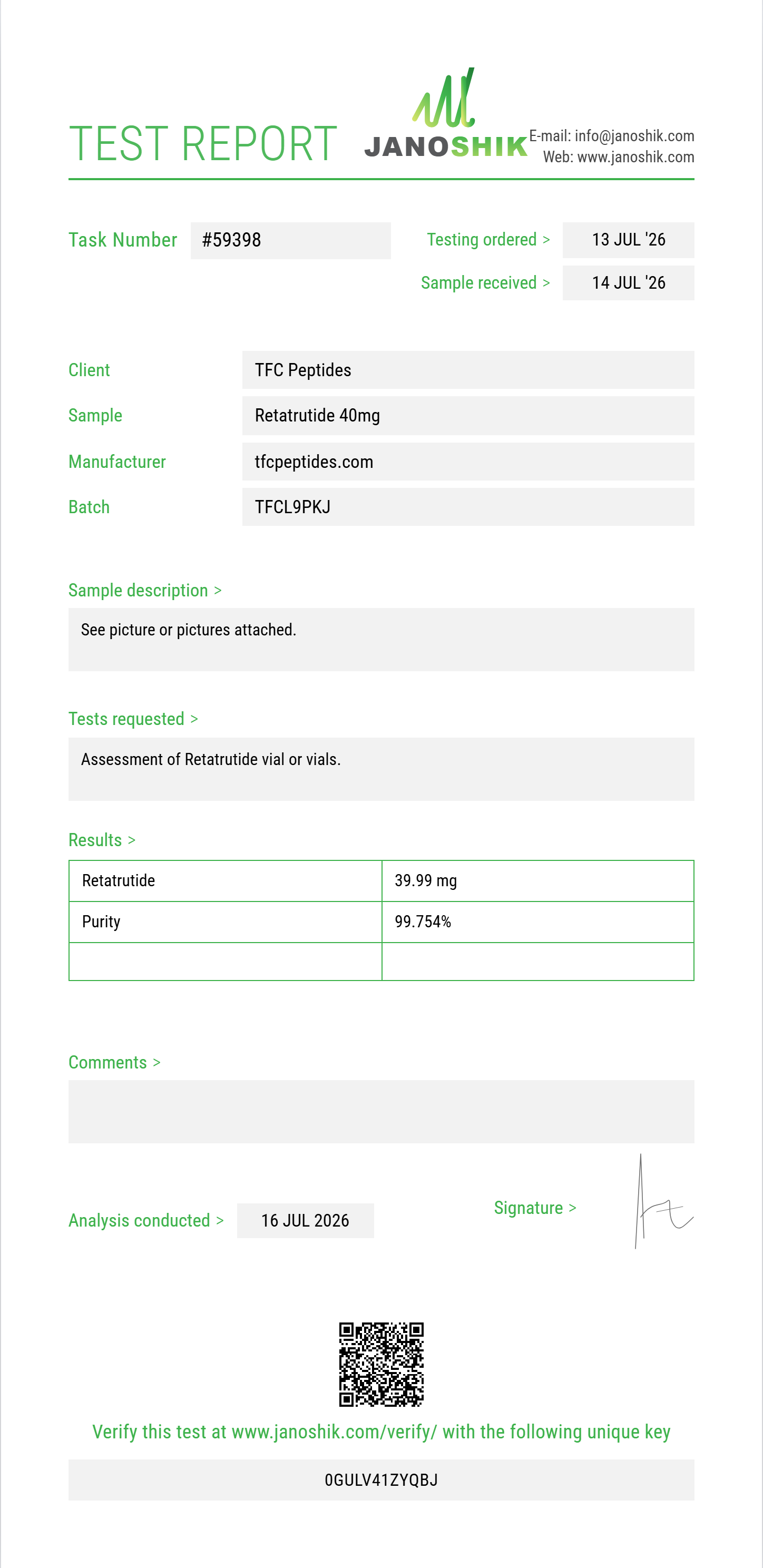 Retatrutide Purity (HPLC) report by Janoshik Analytical