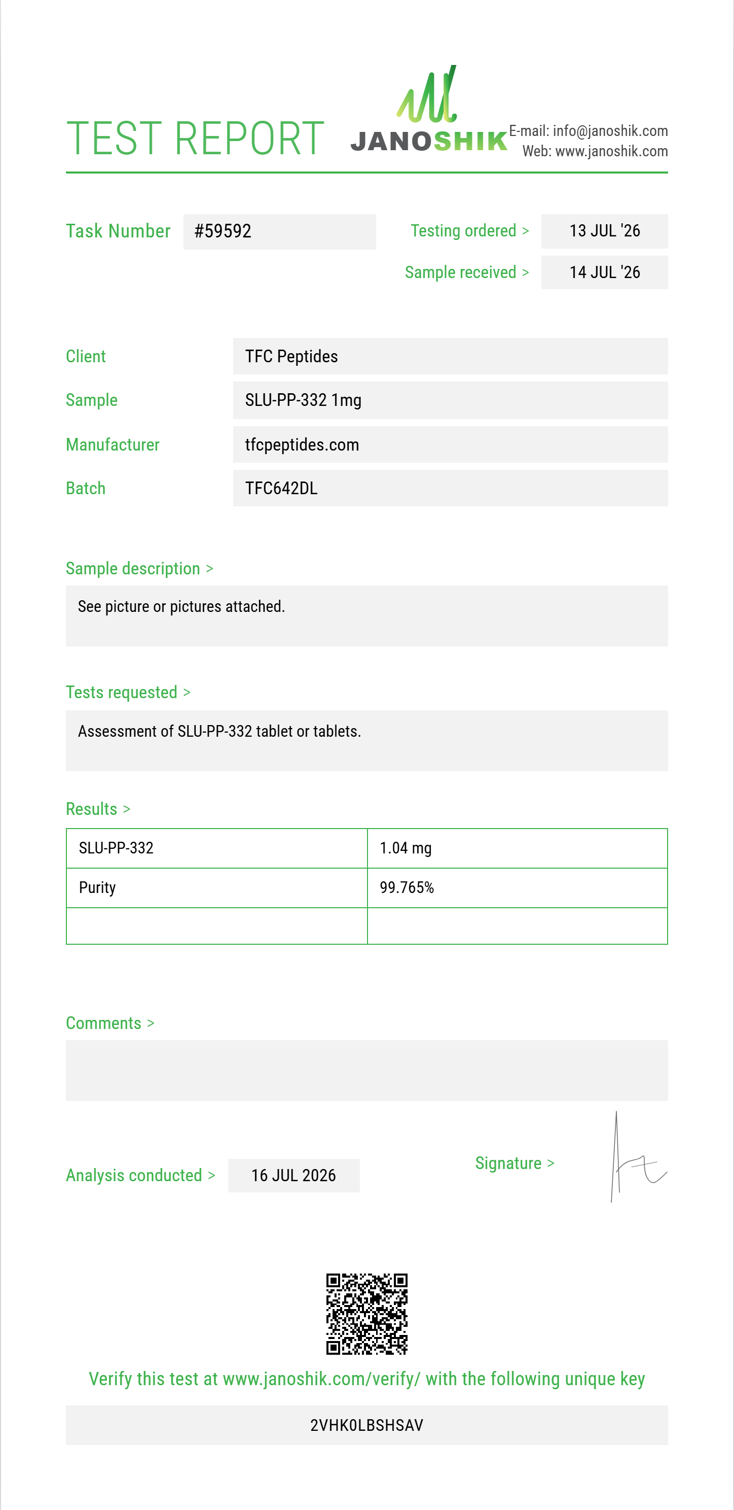 SLU-PP-332 Purity (HPLC) report by Janoshik Analytical