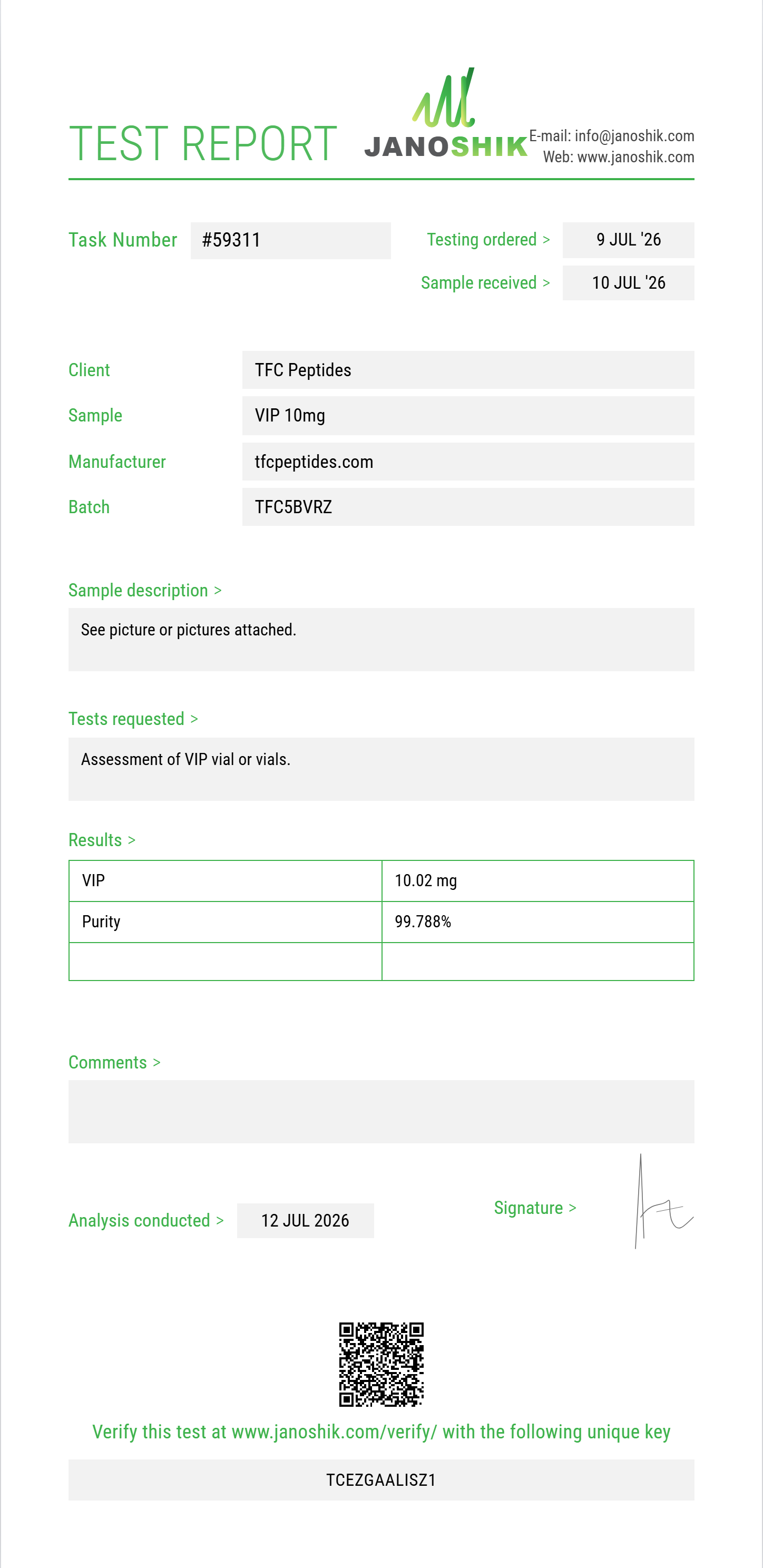 VIP Purity (HPLC) report by Janoshik Analytical