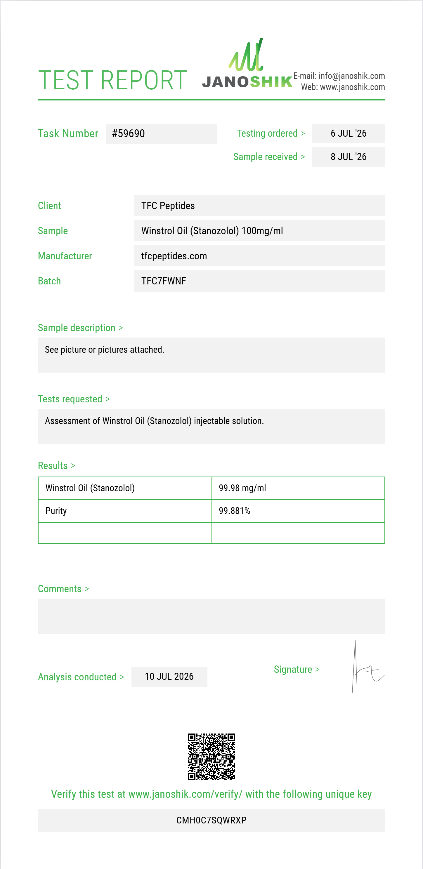 Winstrol Oil (Stanozolol) Purity (HPLC) report by Janoshik Analytical