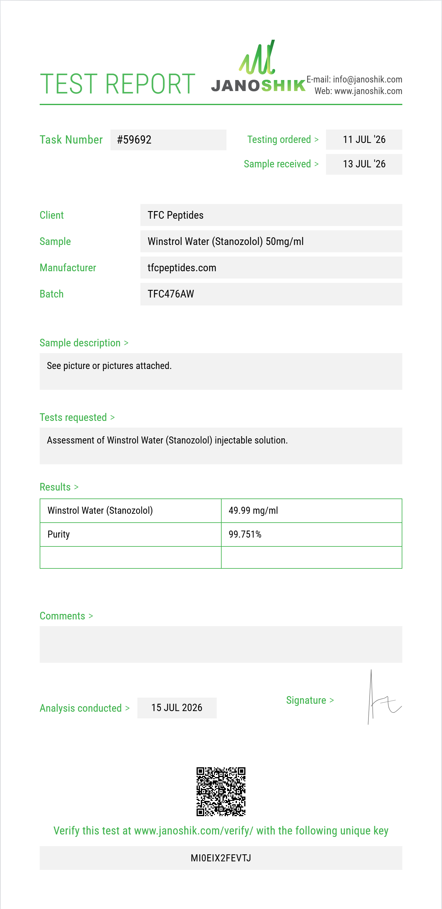 Winstrol Water (Stanozolol) Purity (HPLC) report by Janoshik Analytical