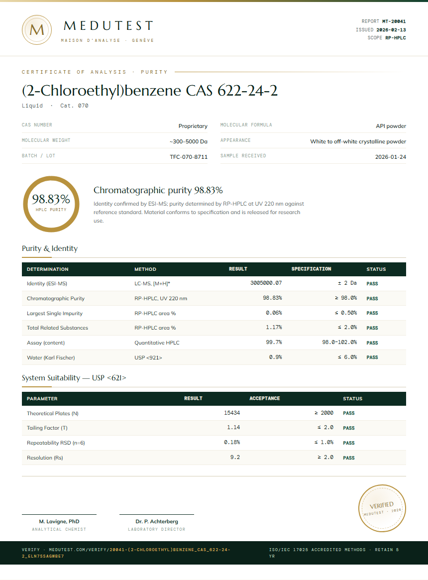 (2-Chloroethyl)benzene CAS 622-24-2 Purity Test Report by Medutest