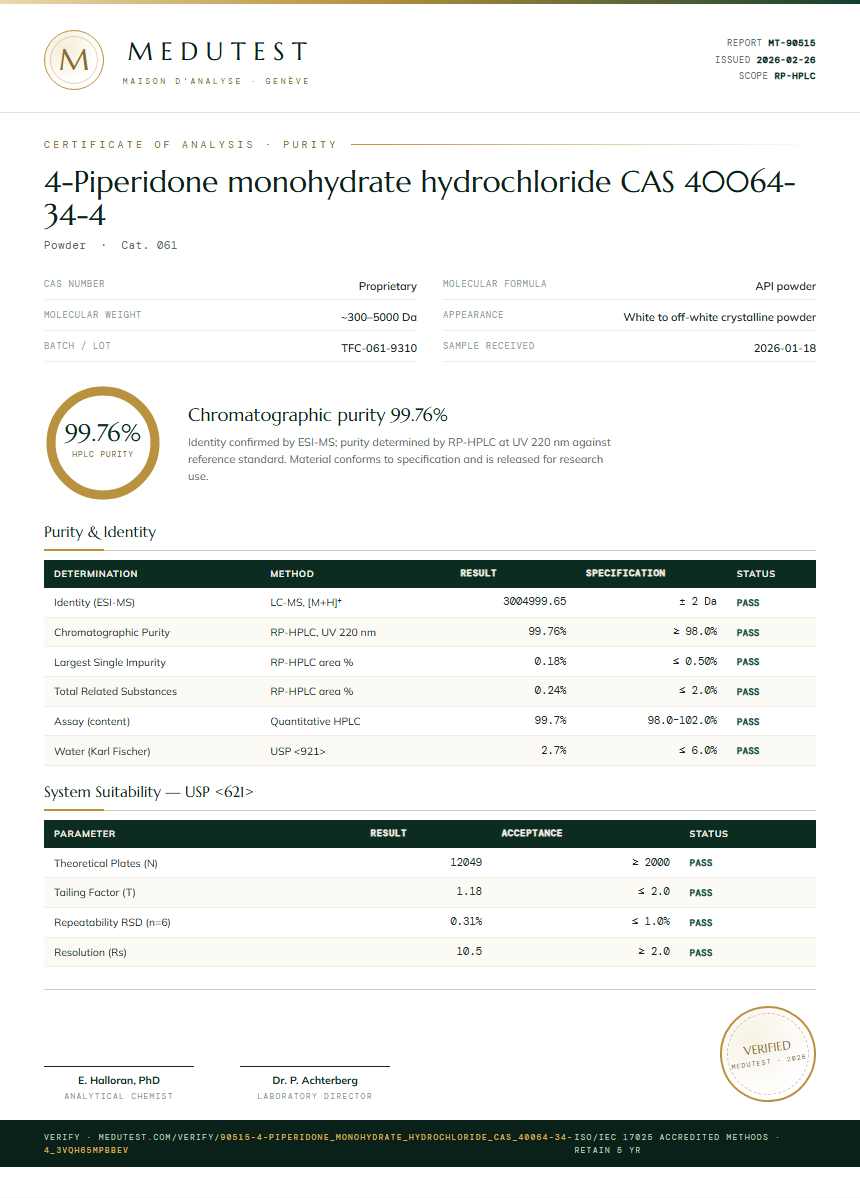 4-Piperidone monohydrate hydrochloride CAS 40064-34-4 Purity Test Report by Medutest