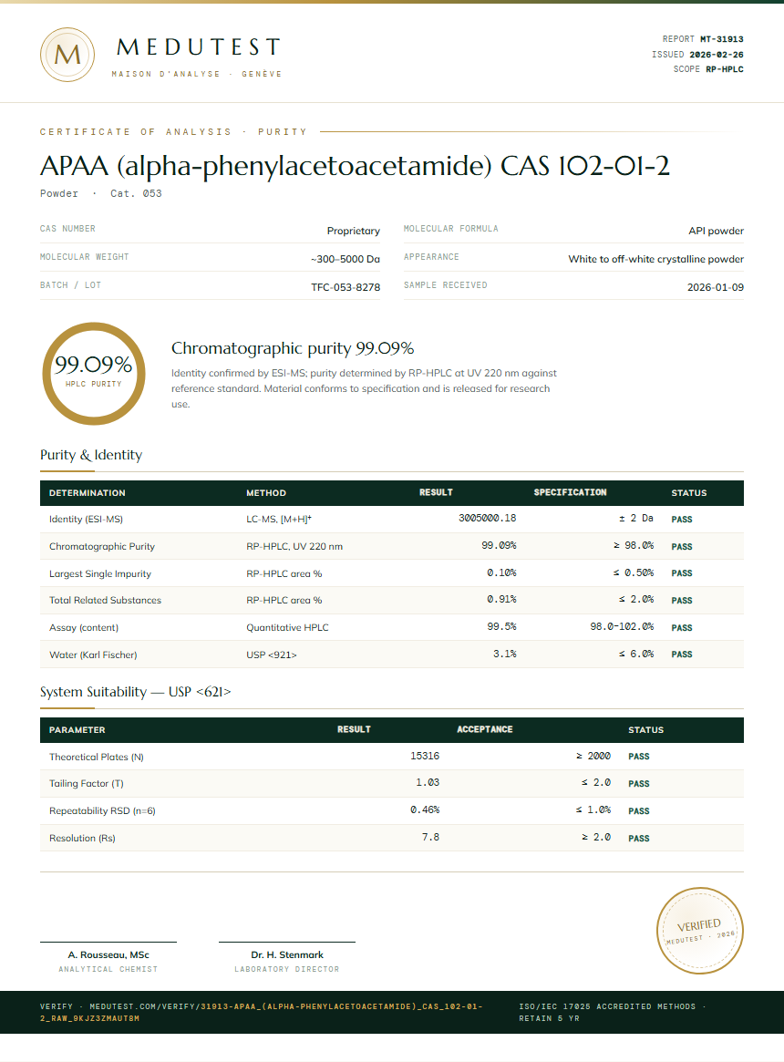 APAA (alpha-phenylacetoacetamide) CAS 102-01-2 Purity Test Report by Medutest