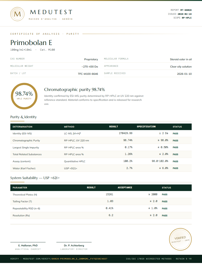 Primobolan E Purity Test Report by Medutest