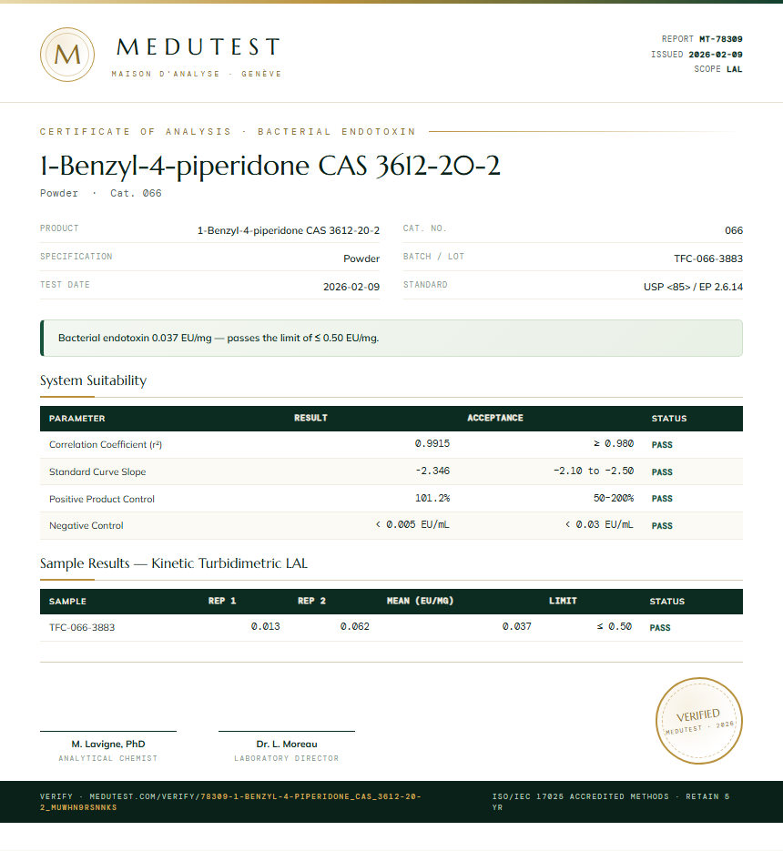 1-Benzyl-4-piperidone CAS 3612-20-2 Endotoxin report by Medutest