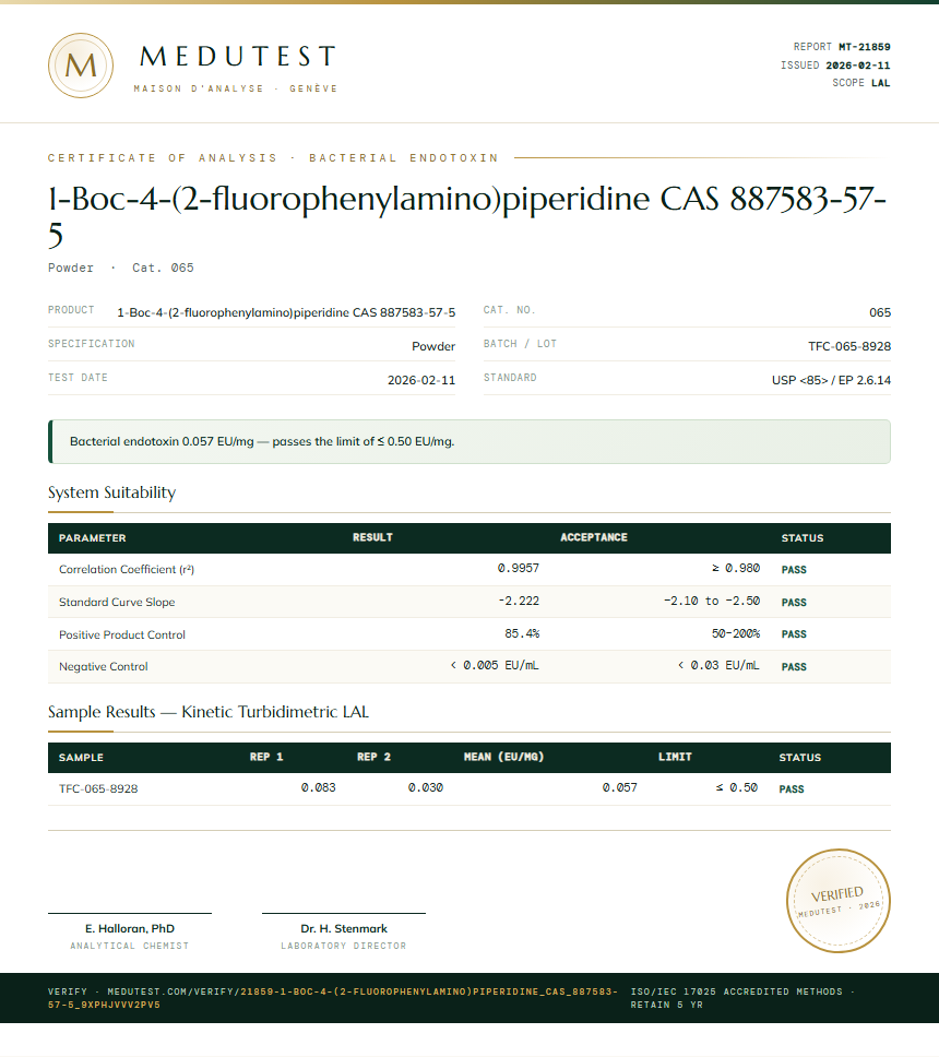 1-Boc-4-(2-fluorophenylamino)piperidine CAS 887583-57-5 Endotoxin report by Medutest