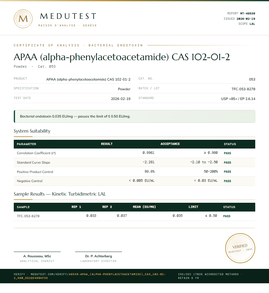 APAA (alpha-phenylacetoacetamide) CAS 102-01-2 Endotoxin report by Medutest