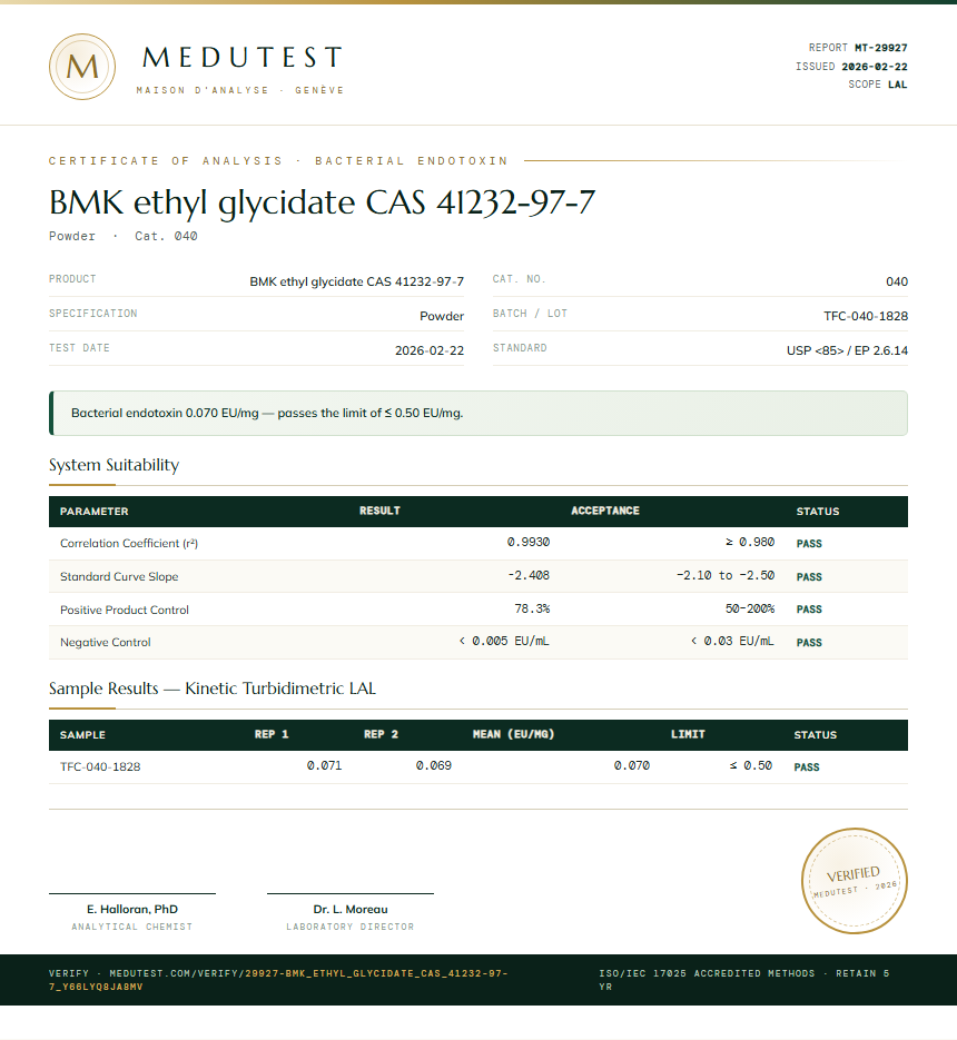 BMK ethyl glycidate CAS 41232-97-7 Endotoxin report by Medutest