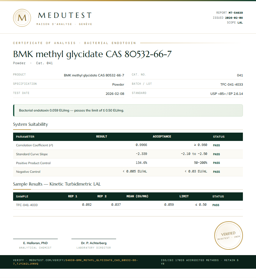 BMK methyl glycidate CAS 80532-66-7 Endotoxin report by Medutest