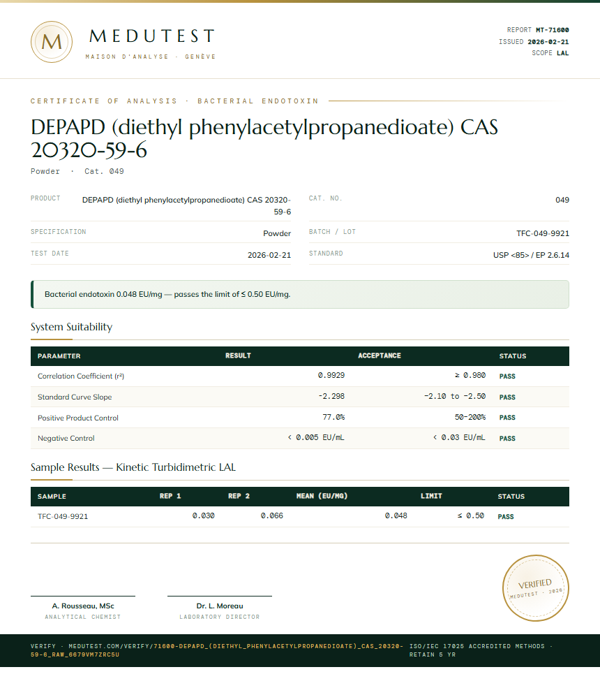 DEPAPD (diethyl phenylacetylpropanedioate) CAS 20320-59-6 Endotoxin report by Medutest