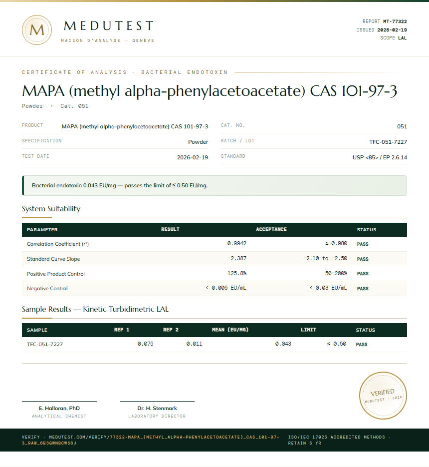 MAPA (methyl alpha-phenylacetoacetate) CAS 101-97-3 Endotoxin report by Medutest