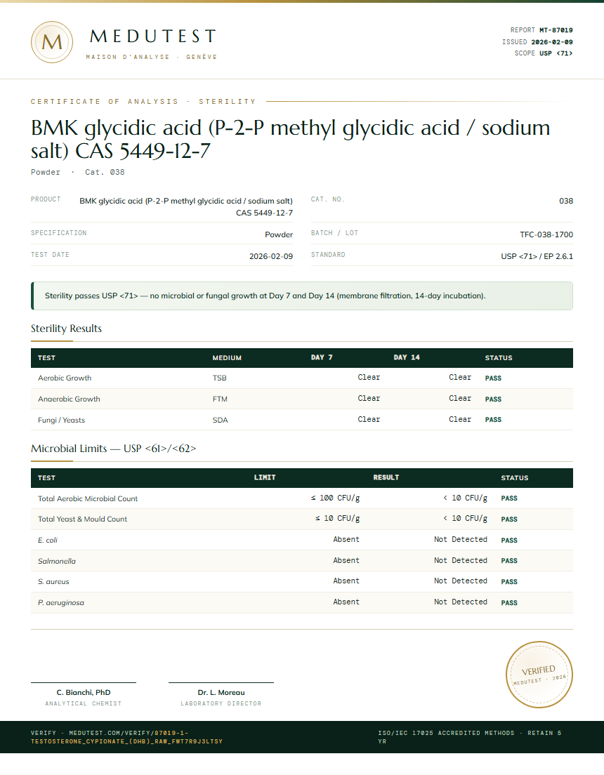 1-Testosterone Cypionate (DHB) Raw Sterility report by Medutest