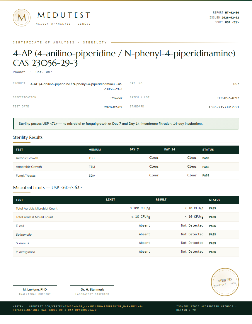 4-AP (4-anilino-piperidine / N-phenyl-4-piperidinamine) CAS 23056-29-3 Sterility report by Medutest