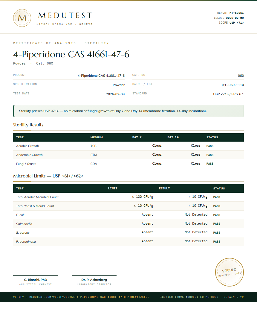 4-Piperidone CAS 41661-47-6 Sterility report by Medutest