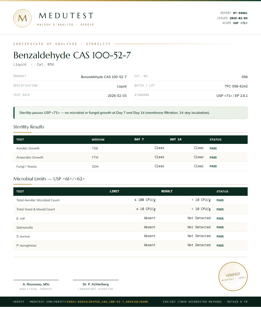 Benzaldehyde CAS 100-52-7 Sterility report by Medutest