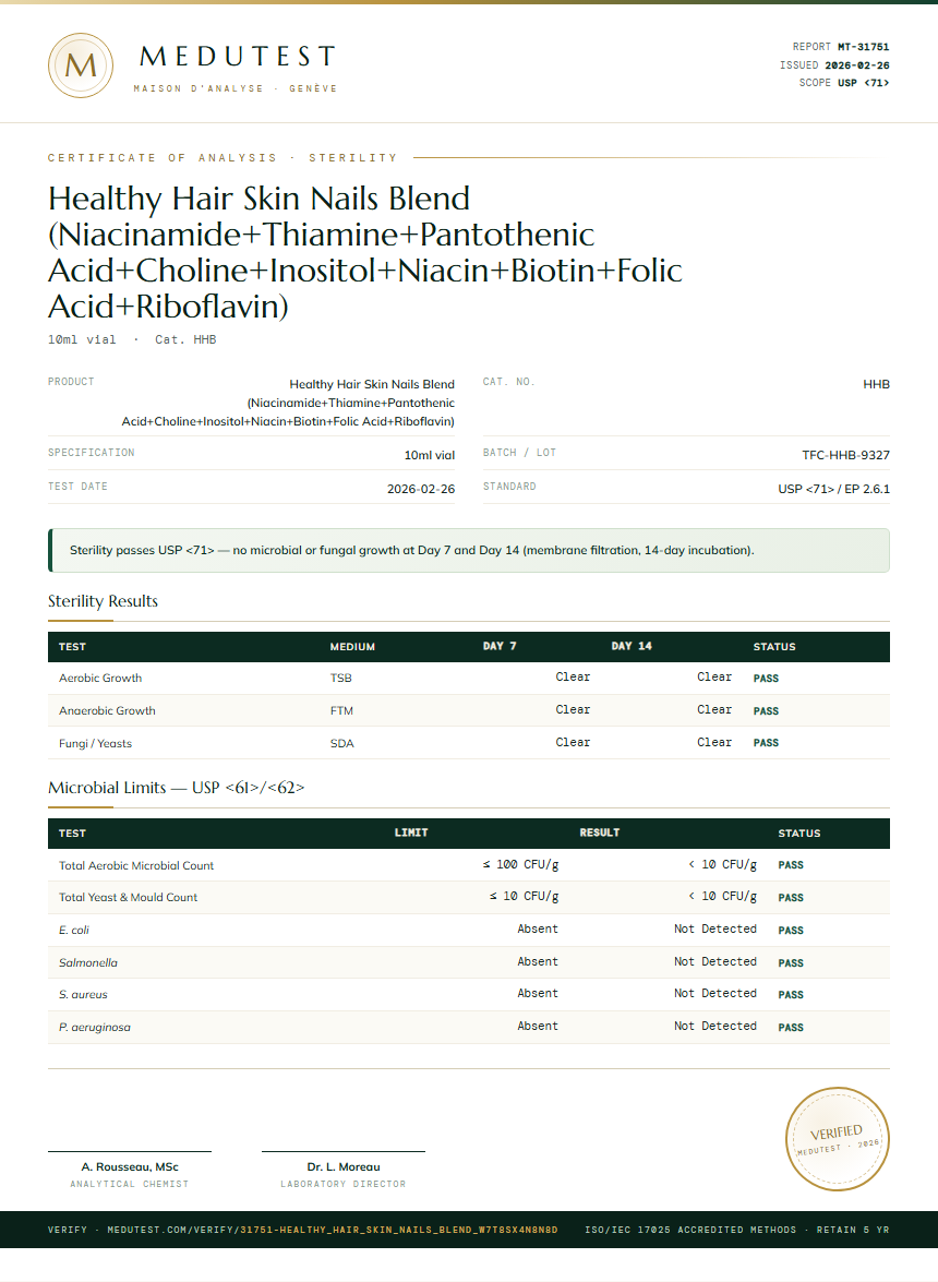 Healthy Hair Skin Nails Blend (Niacinamide+Thiamine+Pantothenic Acid+Choline+Inositol+Niacin+Biotin+Folic Acid+Riboflavin) Sterility report by Medutest