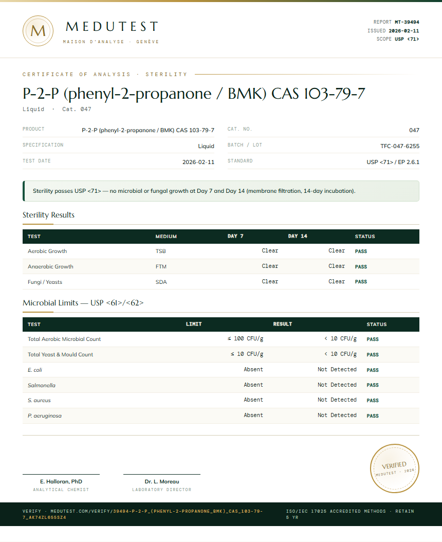 P-2-P (phenyl-2-propanone / BMK) CAS 103-79-7 Sterility report by Medutest
