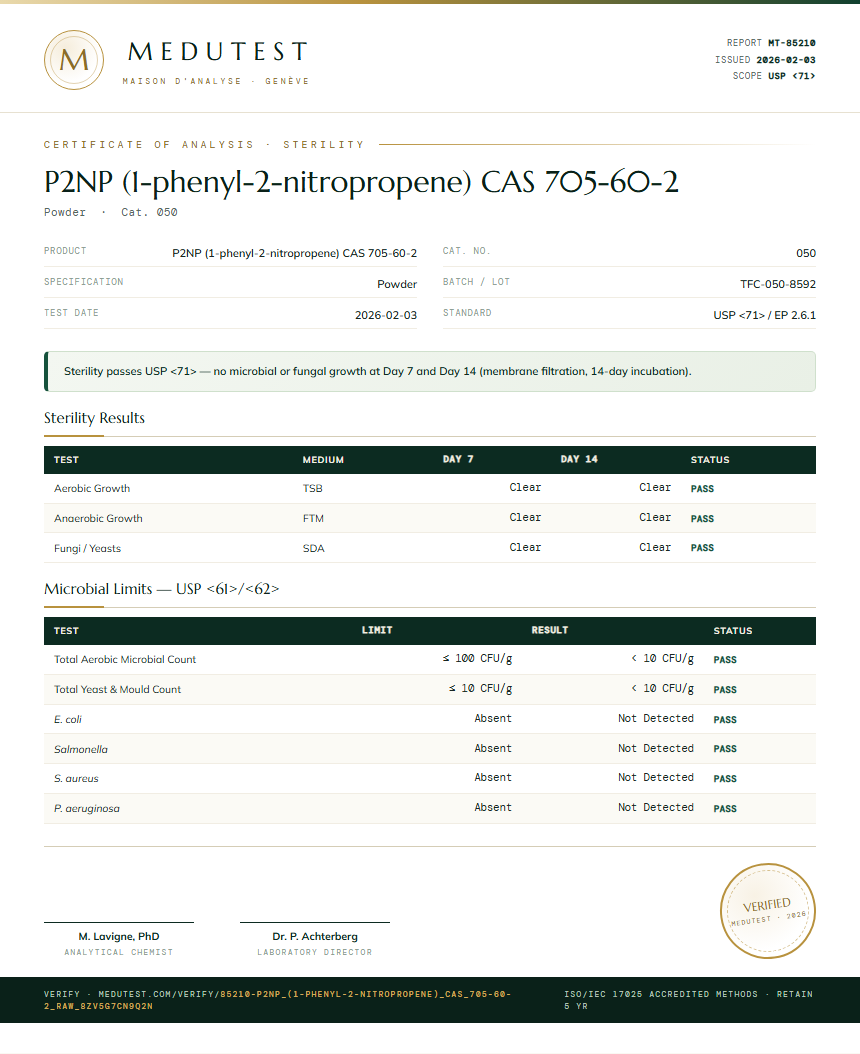 P2NP (1-phenyl-2-nitropropene) CAS 705-60-2 Sterility report by Medutest