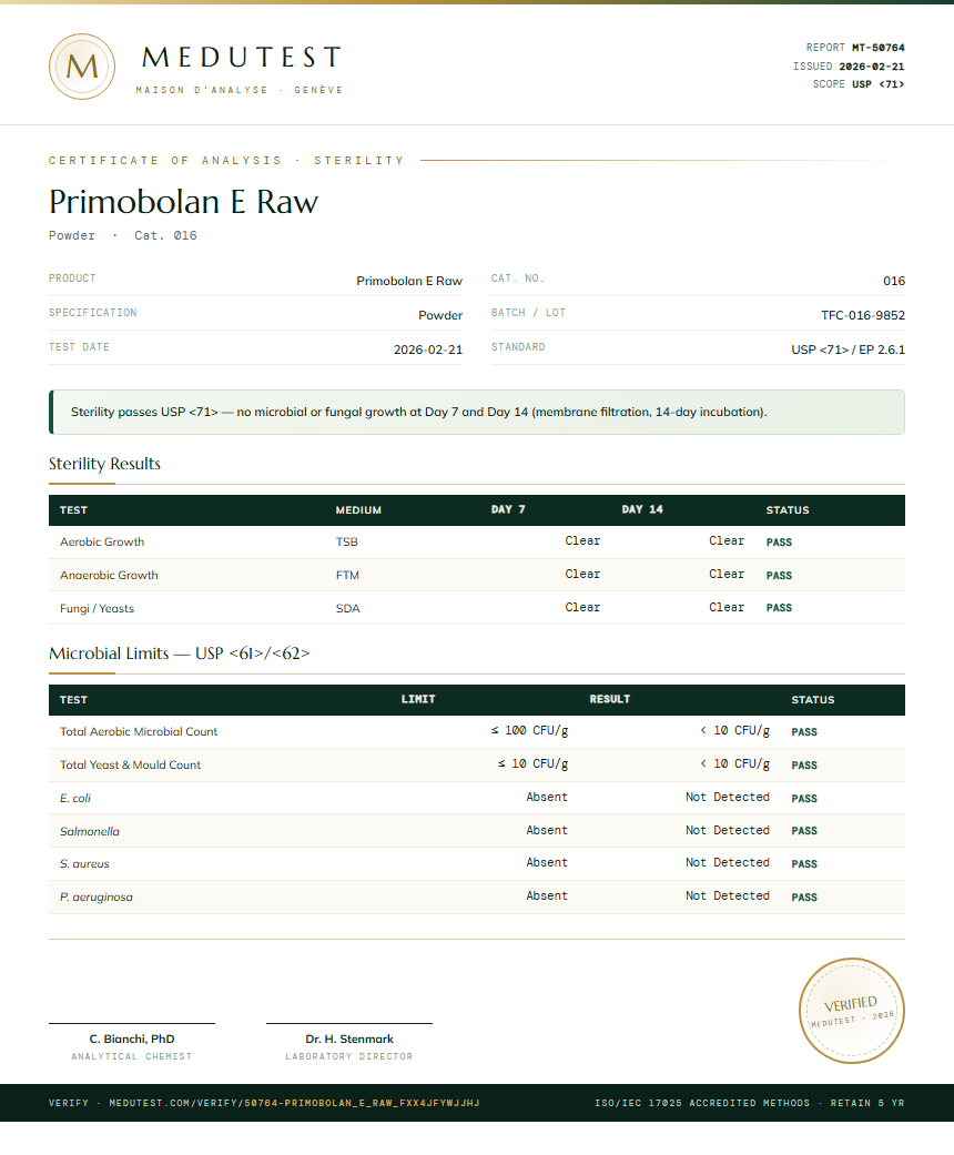 Primobolan E Raw Sterility report by Medutest