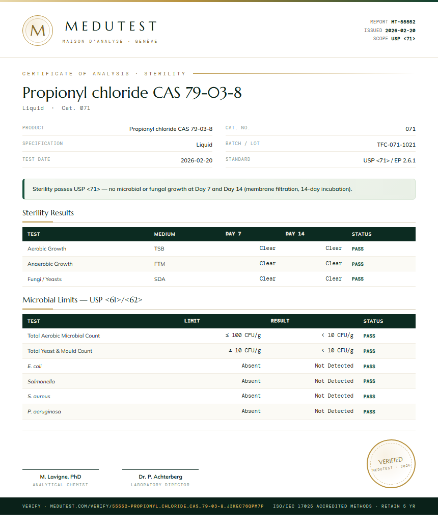 Propionyl chloride CAS 79-03-8 Sterility report by Medutest
