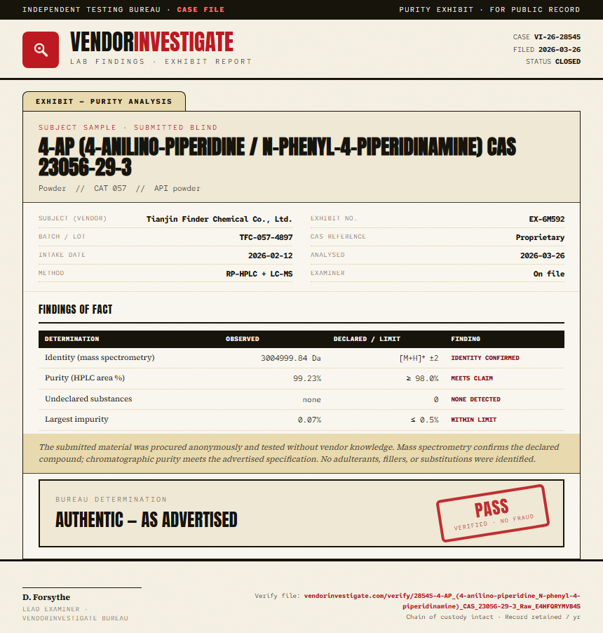 4-AP (4-anilino-piperidine / N-phenyl-4-piperidinamine) CAS 23056-29-3 Purity (HPLC) report by VendorInvestigate