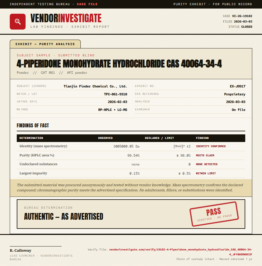 4-Piperidone monohydrate hydrochloride CAS 40064-34-4 Purity (HPLC) report by VendorInvestigate