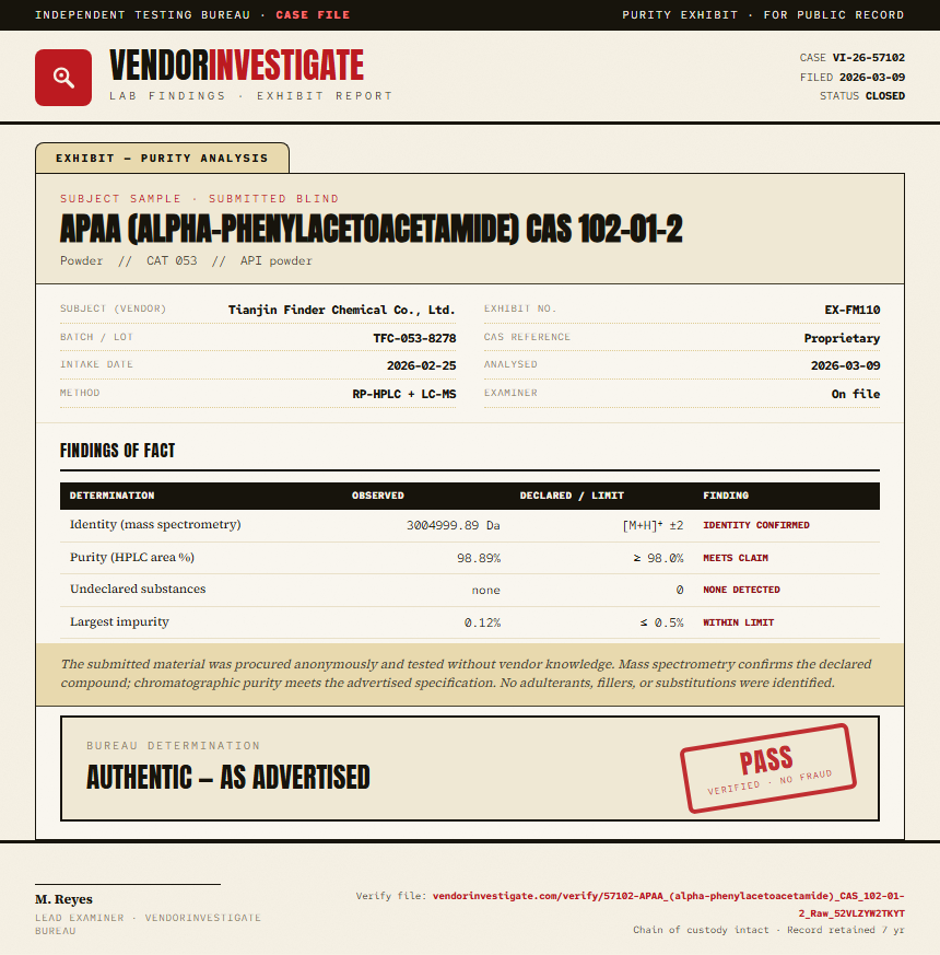 APAA (alpha-phenylacetoacetamide) CAS 102-01-2 Purity (HPLC) report by VendorInvestigate