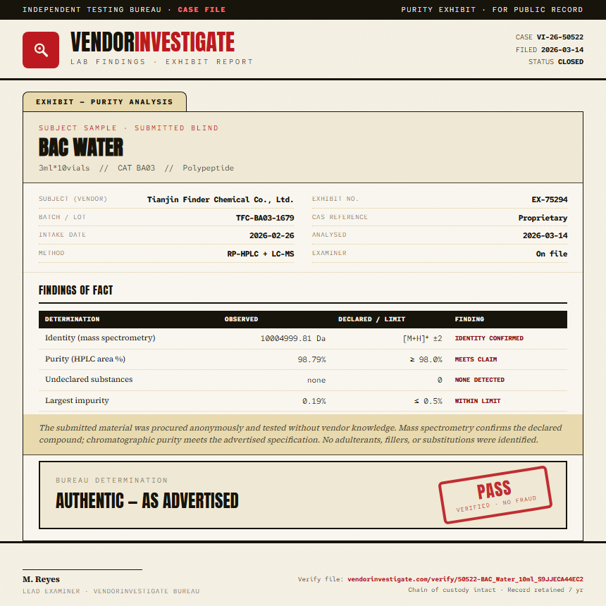 BAC Water Purity (HPLC) report by VendorInvestigate