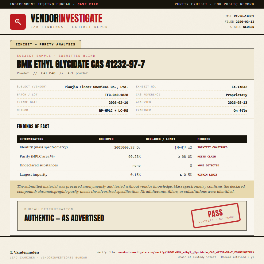 BMK ethyl glycidate CAS 41232-97-7 Purity (HPLC) report by VendorInvestigate