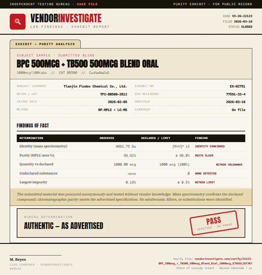 BPC 500mcg + TB500 500mcg Blend Oral Purity (HPLC) report by VendorInvestigate
