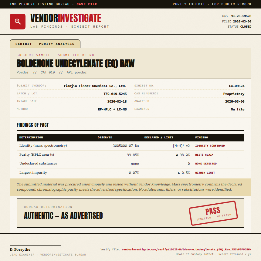 Boldenone Undecylenate (EQ) Raw Purity (HPLC) report by VendorInvestigate