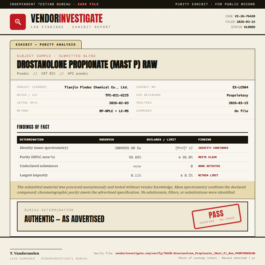 Drostanolone Propionate (Mast P) Raw Purity (HPLC) report by VendorInvestigate