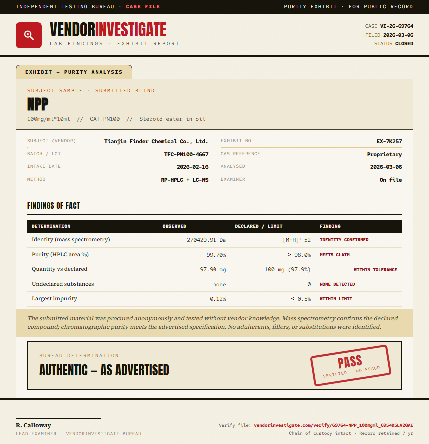 NPP Purity (HPLC) report by VendorInvestigate