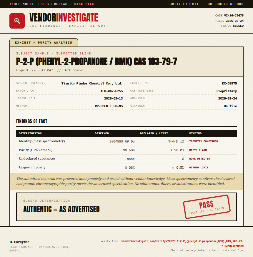 P-2-P (phenyl-2-propanone / BMK) CAS 103-79-7 Purity (HPLC) report by VendorInvestigate