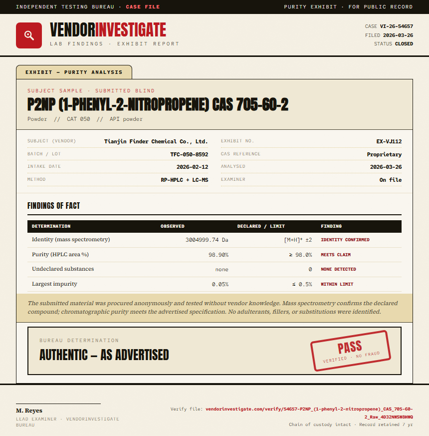 P2NP (1-phenyl-2-nitropropene) CAS 705-60-2 Purity (HPLC) report by VendorInvestigate