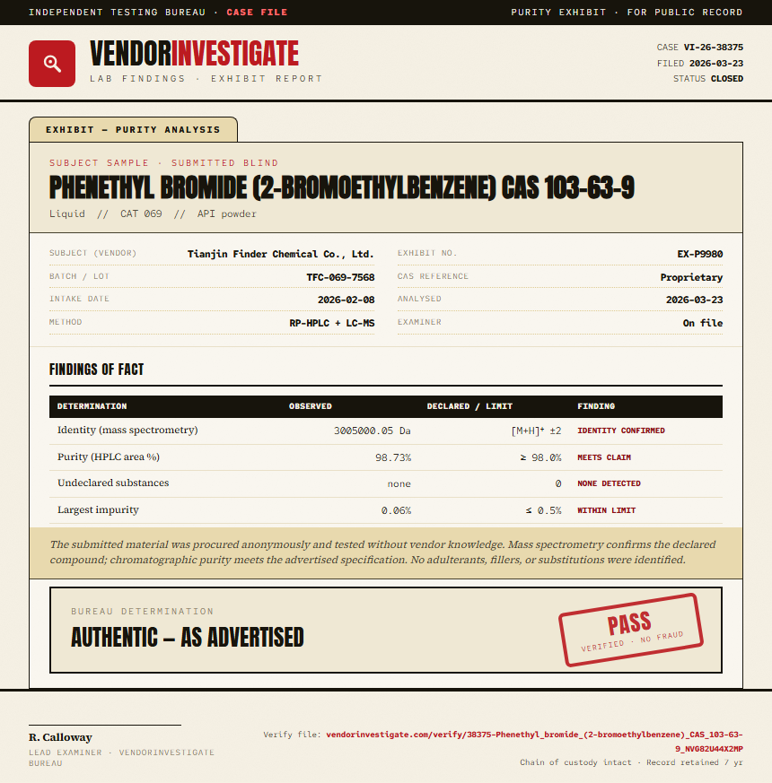 Phenethyl bromide (2-bromoethylbenzene) CAS 103-63-9 Purity (HPLC) report by VendorInvestigate