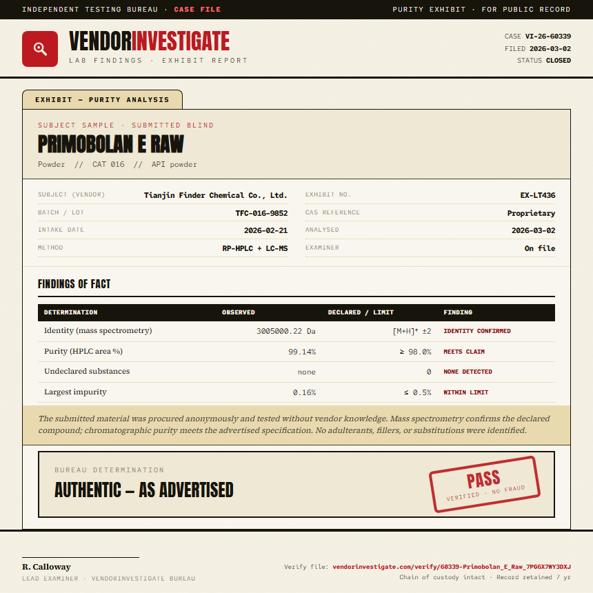 Primobolan E Raw Purity (HPLC) report by VendorInvestigate