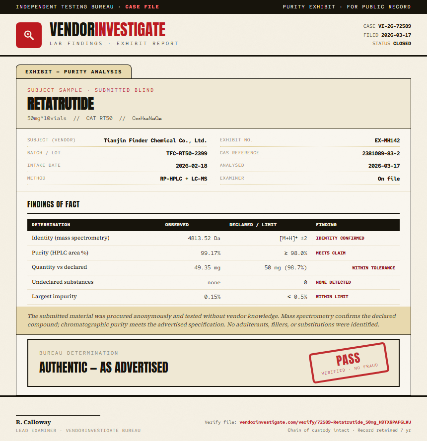 Retatrutide Purity (HPLC) report by VendorInvestigate